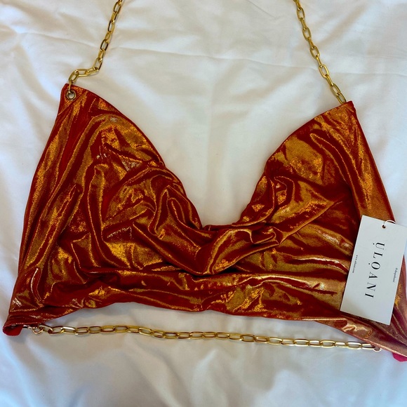 Uloani orange metallic open back top with adjustable chains . Chain link top. - Picture 4 of 5
